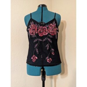 Rene Derhy Vintage Y2K Black Mesh Beaded Sequin Floral Rose Cami Top Large